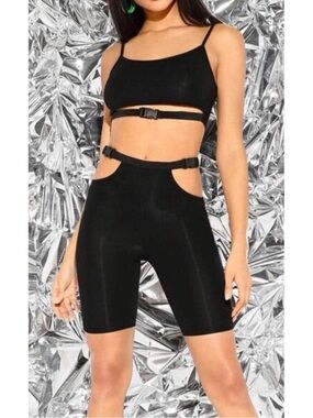 Black High-Waist Cutout Biker Shorts with Buckle Detail and matching crop set